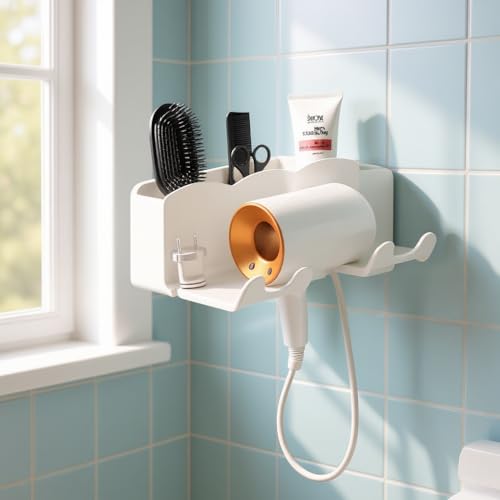 SNAPPSY Wall Mounted Hair Dryer Storage Rack Non-Perforated Bracket with Brush, Comb, Scissors Holders and Cord Storage 8kg Load Capacity, Black or White Finish - Image 5