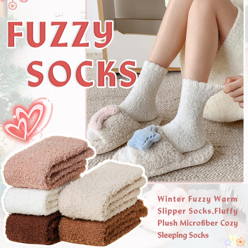 Eyean Womens Fuzzy Fluffy Slipper Socks Warm Winter Soft Thermal Plush Casual Sleep Cozy Home Socks (5 Pairs White khakiK) - Image 2