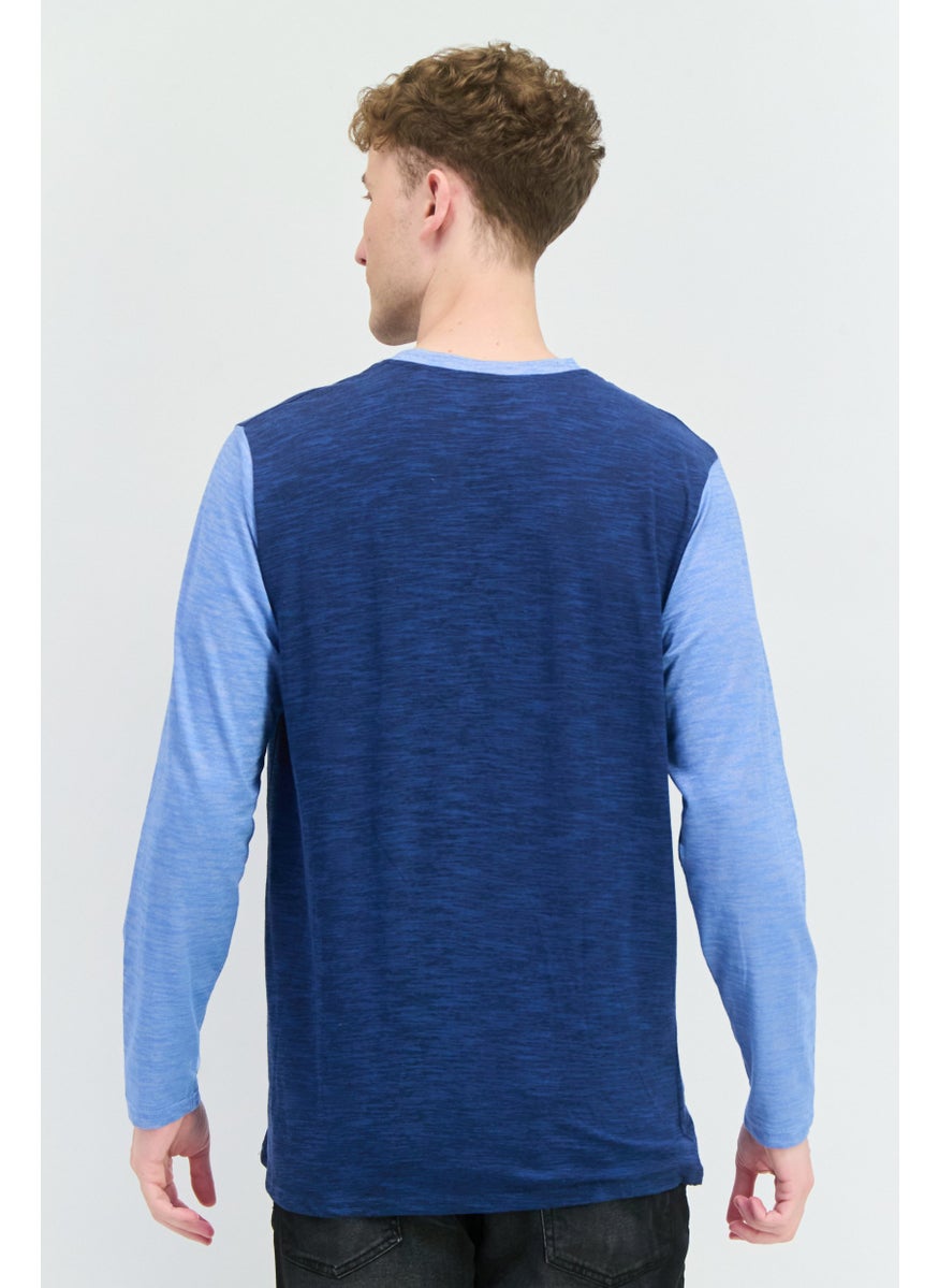 BRAVE SOUL - Men Crew Neck Long Sleeves Heather T-Shirt, Navy Blue - Image 1