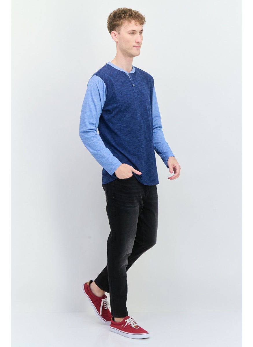 BRAVE SOUL - Men Crew Neck Long Sleeves Heather T-Shirt, Navy Blue - Image 1