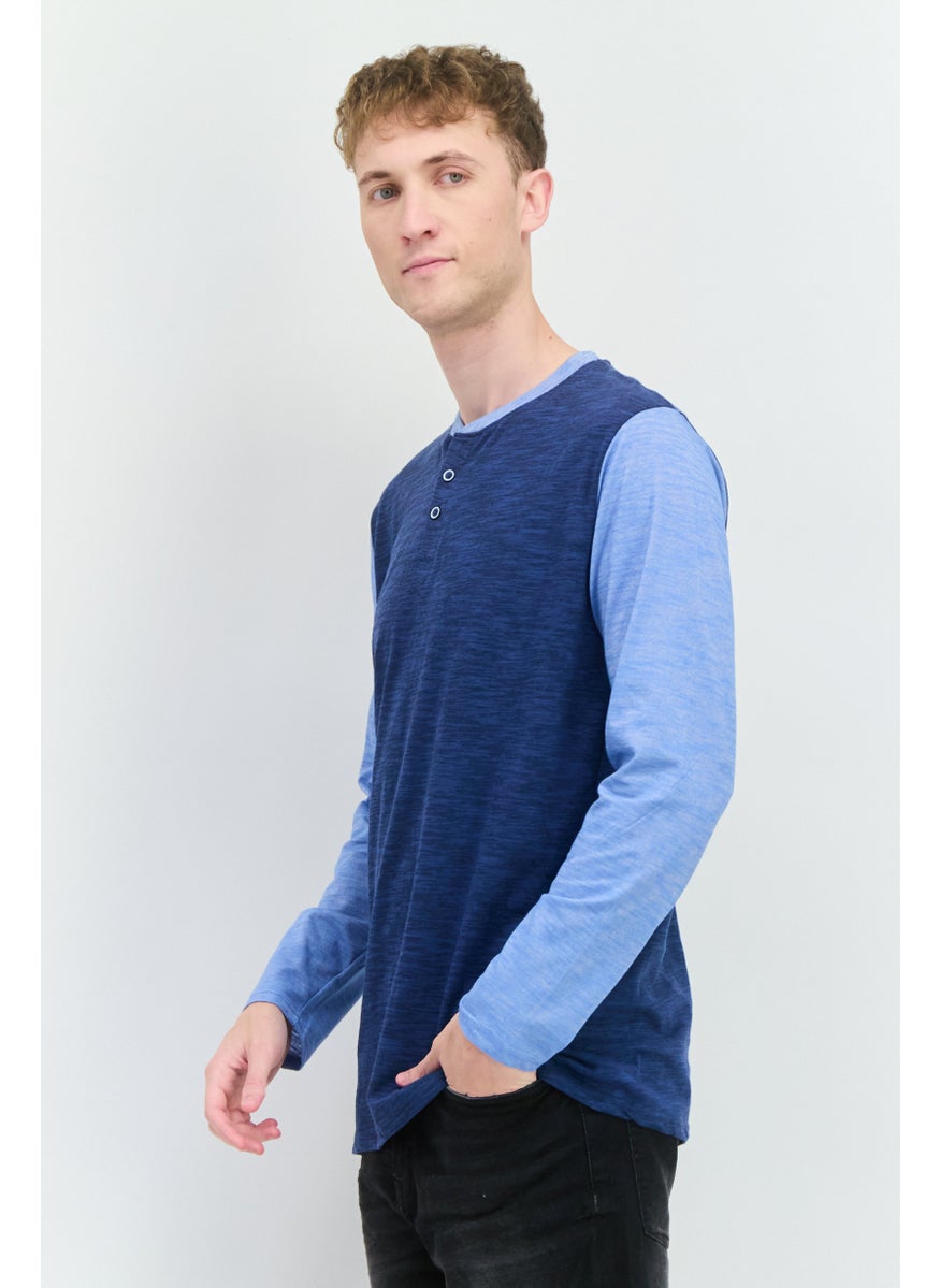 BRAVE SOUL - Men Crew Neck Long Sleeves Heather T-Shirt, Navy Blue - Image 1