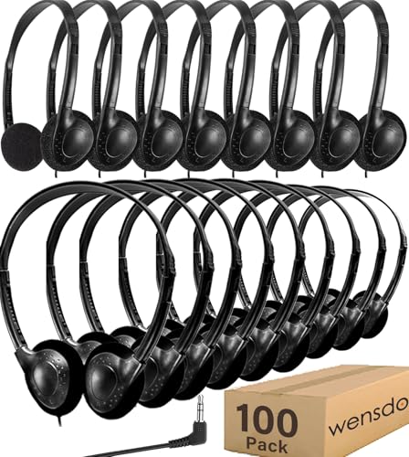 Wensdo Bulk Headphones 100 Pack for Classroom School Kids Wholesale Wired Durable Earphones Class Set for Students Children Toddler Teens Boys Girls and Adult HY857100 Black - Image 1