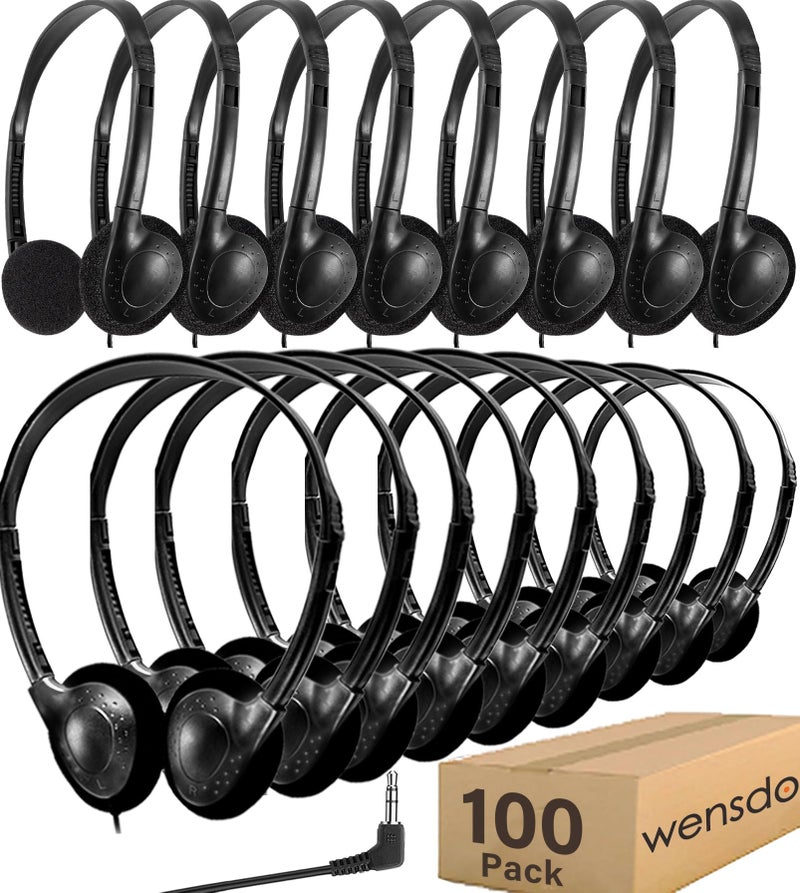 Wensdo Bulk Headphones 100 Pack for Classroom School Kids Wholesale Wired Durable Earphones Class Set for Students Children Toddler Teens Boys Girls and Adult HY857100 Black - Image 2