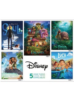 Ceaco 5 In 1 Jigsaw Puzzle Multipack Disney Movie Posters Encanto Moana Luca Soul & Raya And The Last Dragon (2) 300 Piece (2) 500 Piece (1) 750 Piece Jigsaw Puzzles  - Image 1
