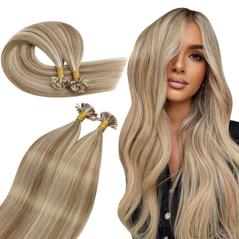 Ugeat U Tip Hair Extensions Human Hair Blonde Ktip Human Hair Extensions Golden Brown Highlights Bleach Blonde Hot Fusion Long Lasting Effect 14 Inch Short Hairstyles 50s 50G