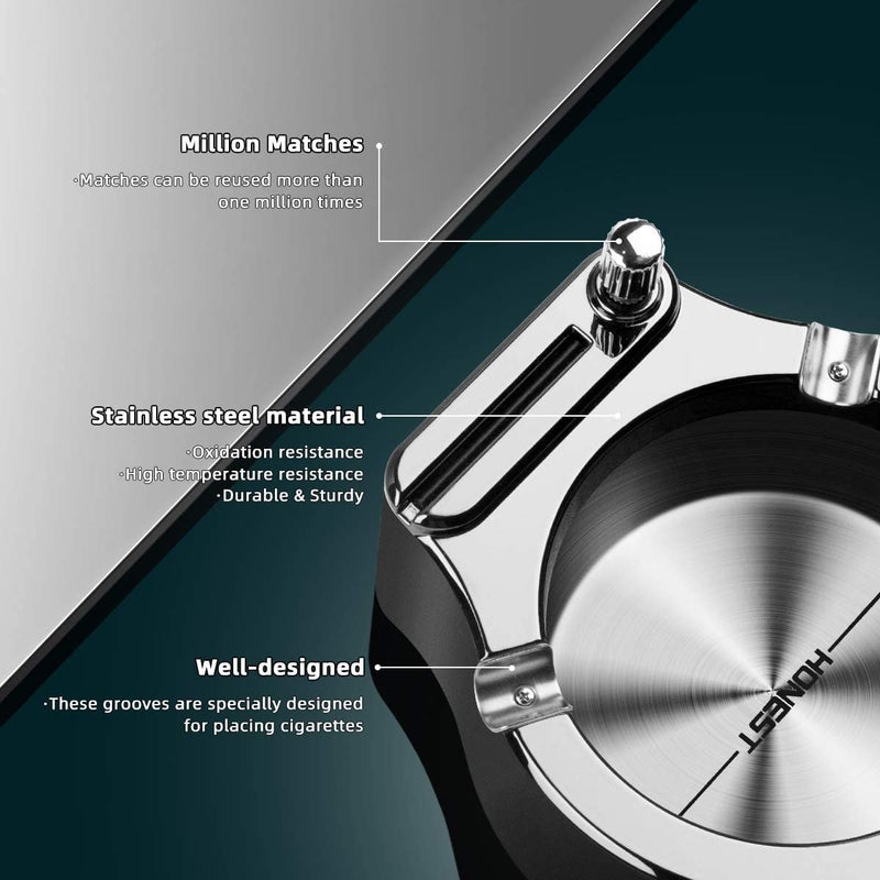 Nilzone Ashtray, Stainless Steel Ashtray with Permanent Match Lighter, Modern Tabletop Ashtray for Smokers, Desktop Smoking Ash Tray for Indoor Outdoor Home Office - Image 3