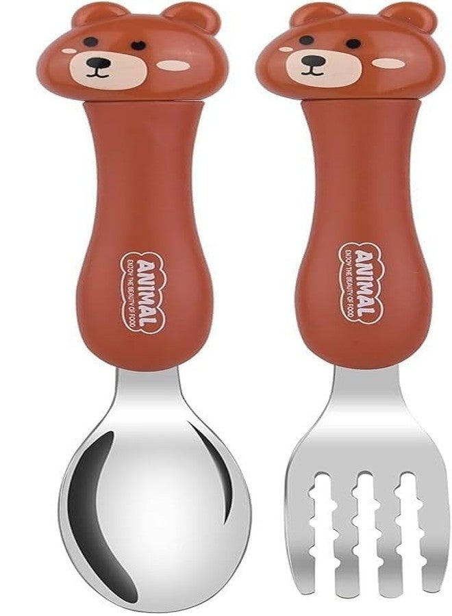 Bekner Kids Cutlery Set, Stainless Steel Spoon and Fork with Animal Design Handles, 14.7 cm, Multicolor, Pack of 2 (Brown) - Image 1