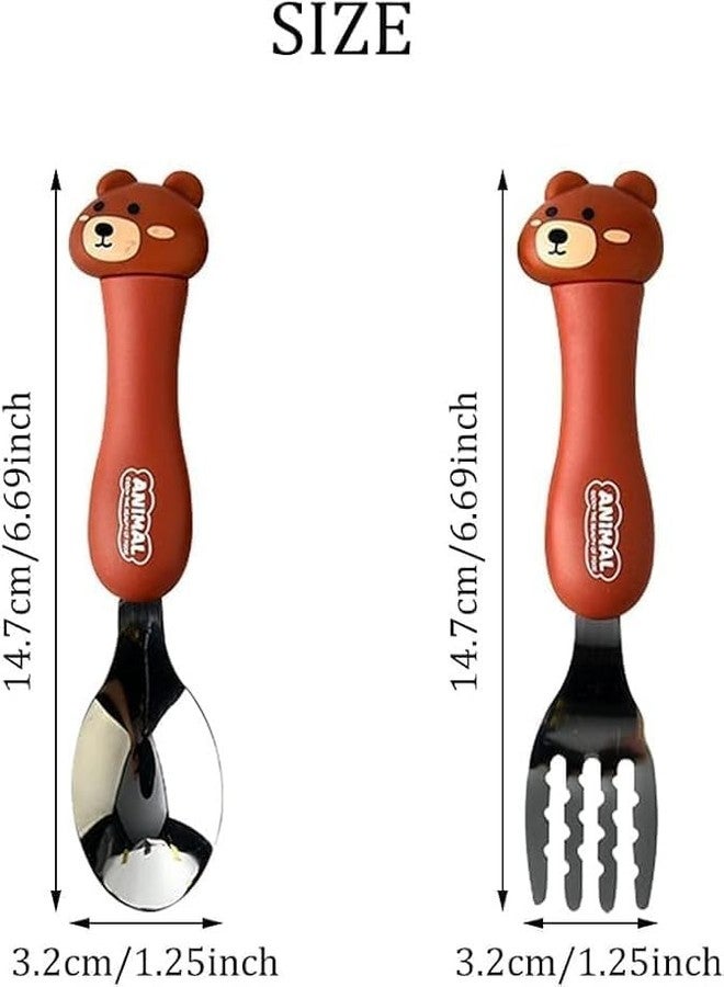Bekner Kids Cutlery Set, Stainless Steel Spoon and Fork with Animal Design Handles, 14.7 cm, Multicolor, Pack of 2 (Brown) - Image 5
