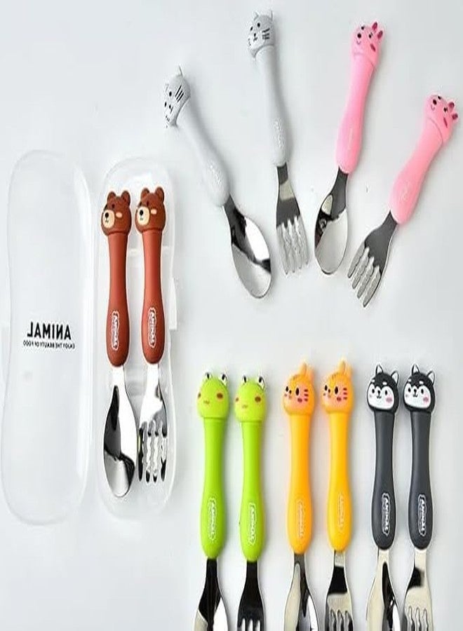 Bekner Kids Cutlery Set, Stainless Steel Spoon and Fork with Animal Design Handles, 14.7 cm, Multicolor, Pack of 2 (Brown) - Image 4