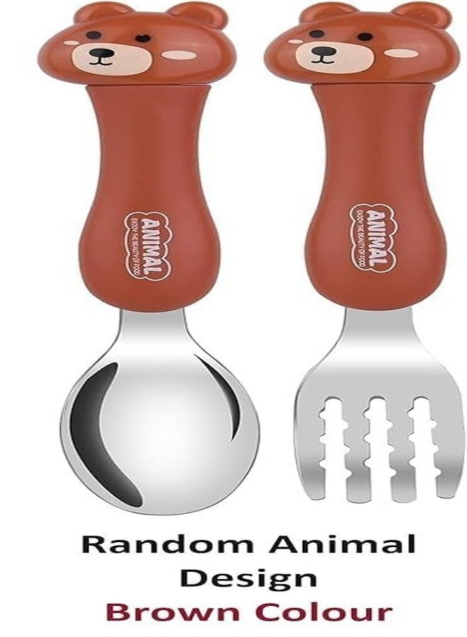 Bekner Kids Cutlery Set, Stainless Steel Spoon and Fork with Animal Design Handles, 14.7 cm, Multicolor, Pack of 2 (Brown) - Image 3