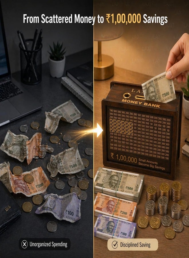 Laxit صندوق توفير نقود خشبي من لاكسيت، بتحدي 100 ألف روبية، على شكل حصالة نقود، مناسب للأطفال والكبار | حصالة نقود معدنية للمنزل | حامل عملات معدنية لتنظيم الميزانية، هدية للأولاد والبنات - Image 5