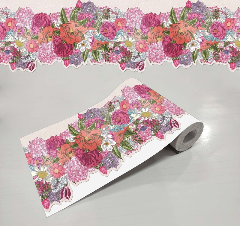 WallDesign Multicolor Flowers with Leaves Self Adhesive Decorative Wallpaper Border Roll Strips for Home - Wall Sides & Wood Edge Embellishment - 5.25 Inch Width x 5 Feet Length - Image 1
