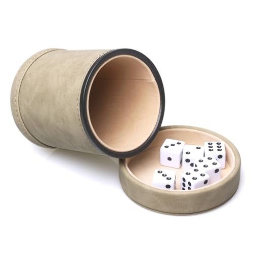 RERIVER Brown Suede Faux Leather Dice Cup with Lid Soft Felt Interior Quiet Dice Shaker Cup with 6 Dice for Liars DiceFarkleYahtzee Games 1 Pack - Image 1