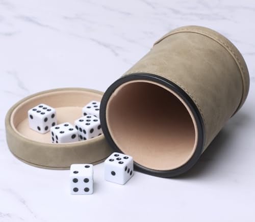 RERIVER Brown Suede Faux Leather Dice Cup with Lid Soft Felt Interior Quiet Dice Shaker Cup with 6 Dice for Liars DiceFarkleYahtzee Games 1 Pack - Image 5