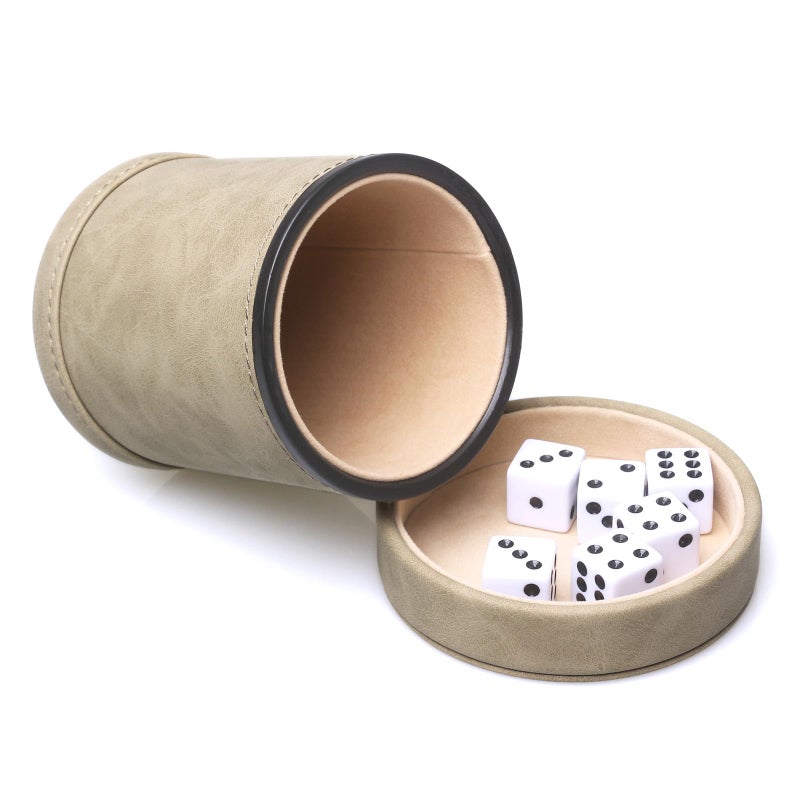 RERIVER Brown Suede Faux Leather Dice Cup with Lid Soft Felt Interior Quiet Dice Shaker Cup with 6 Dice for Liars DiceFarkleYahtzee Games 1 Pack - Image 3