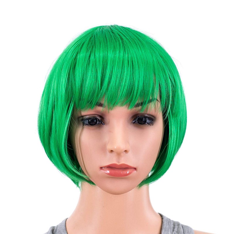 SWACC 10 Inch Short Straight Bob Wig with Bangs Synthetic Colorful Cosplay Daily Party Flapper Wig for Women with Wig Cap (St Patricks Green)