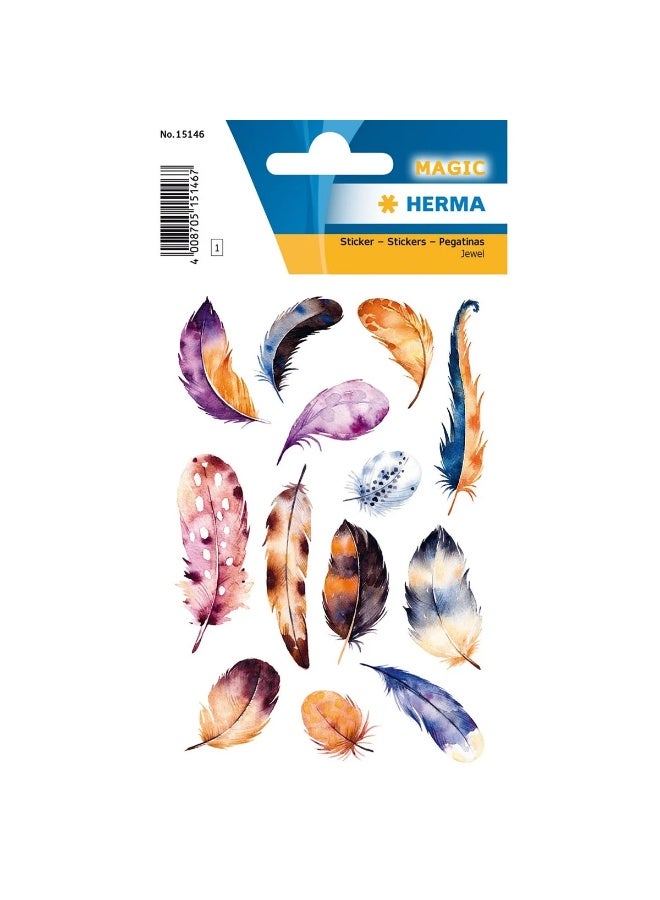 Herma Magic 3D Feather Stickers – Jeweled and Glittery; creative adhesive stickers for art projects, notebooks, and gifts (Model 15146); one sheet containing 13 colorful stickers. - Image 1