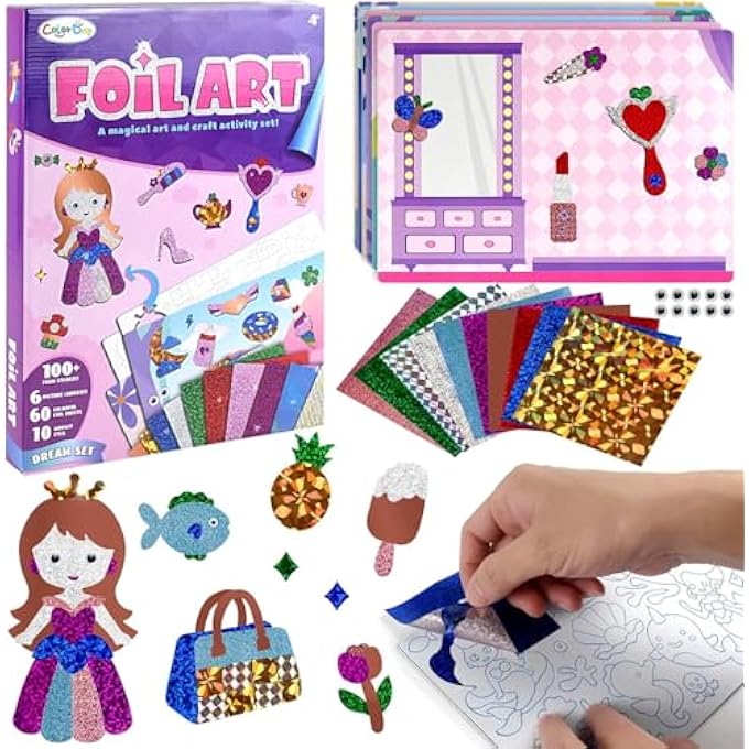 CAPSTRO FOIL ART 3D STICKER CRAFT KIT  PRINCESS THEME | 6 ROYAL PICTURE CANVASES WITH 100+ FOAM STICKERS & 60+ COLORFUL FOIL SHEETS | DIY GLITTER FOIL PAPER CRAFT SET FOR KIDS AGE 4+ | GIFT FOR GIRLS - Image 2