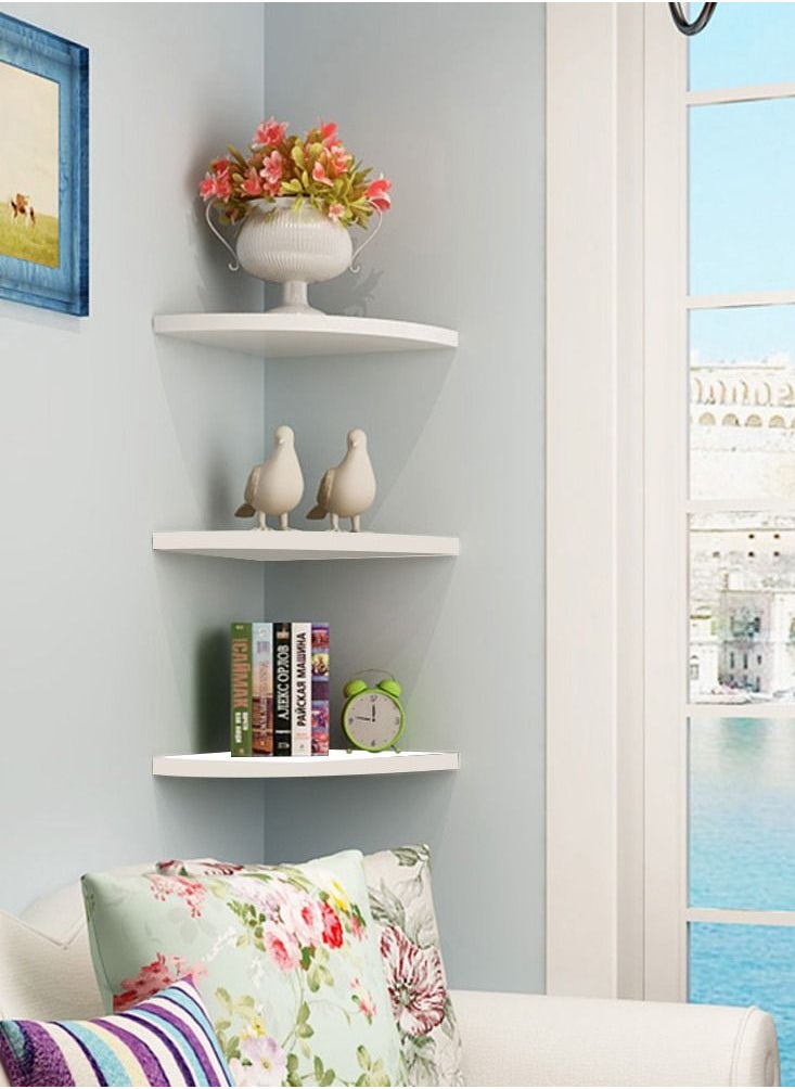 MARGOUN - Floating Corner Wall Shelf 3Pcs Triangle Bookshelf Home Decor 3 Tier Display Organizer 25cm White - Image 1