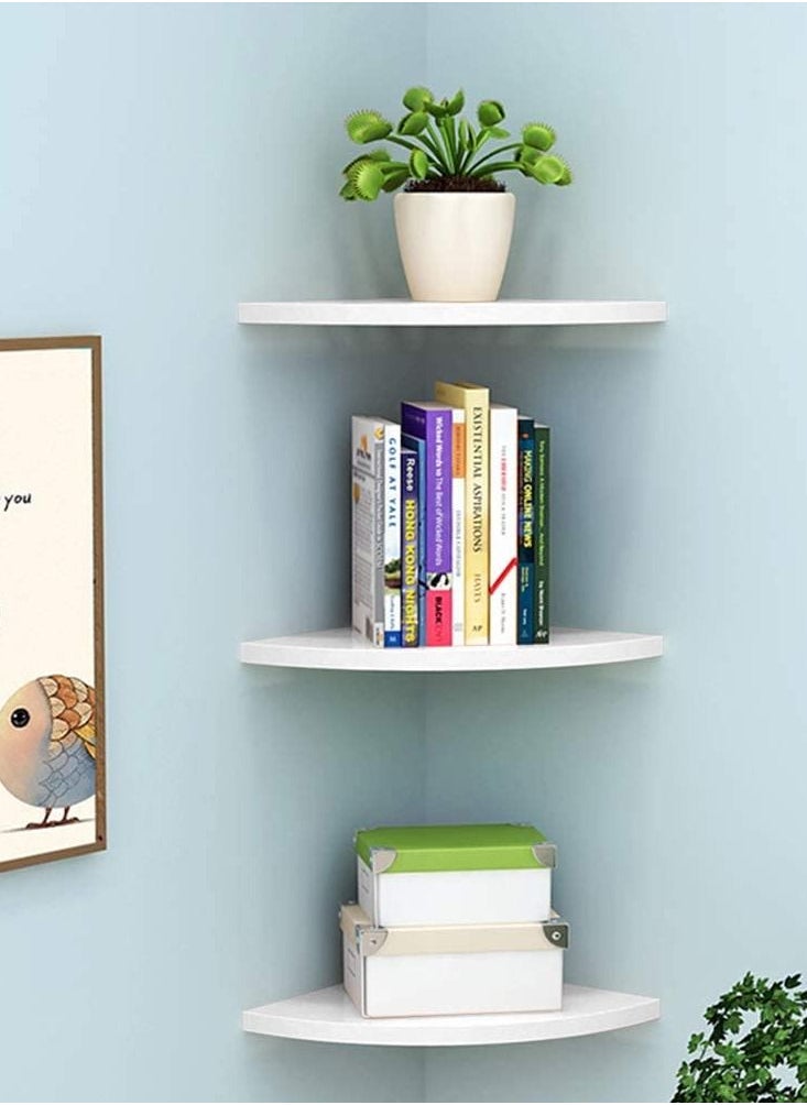 MARGOUN - Floating Corner Wall Shelf 3Pcs Triangle Bookshelf Home Decor 3 Tier Display Organizer 25cm White - Image 1