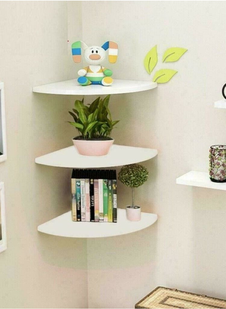 MARGOUN - Floating Corner Wall Shelf 3Pcs Triangle Bookshelf Home Decor 3 Tier Display Organizer 25cm White - Image 1
