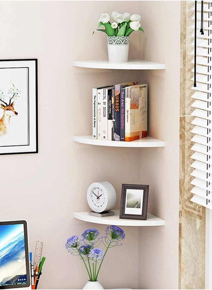MARGOUN - Floating Corner Wall Shelf 3Pcs Triangle Bookshelf Home Decor 3 Tier Display Organizer 25cm White - Image 1