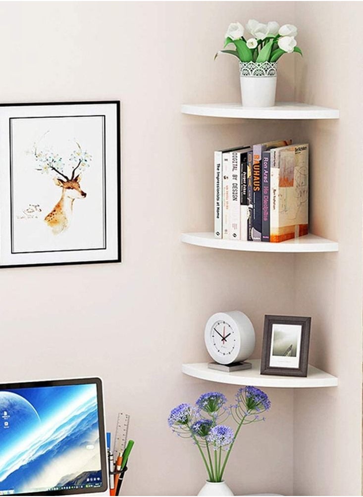 MARGOUN - Floating Corner Wall Shelf 3Pcs Triangle Bookshelf Home Decor 3 Tier Display Organizer 25cm White - Image 1