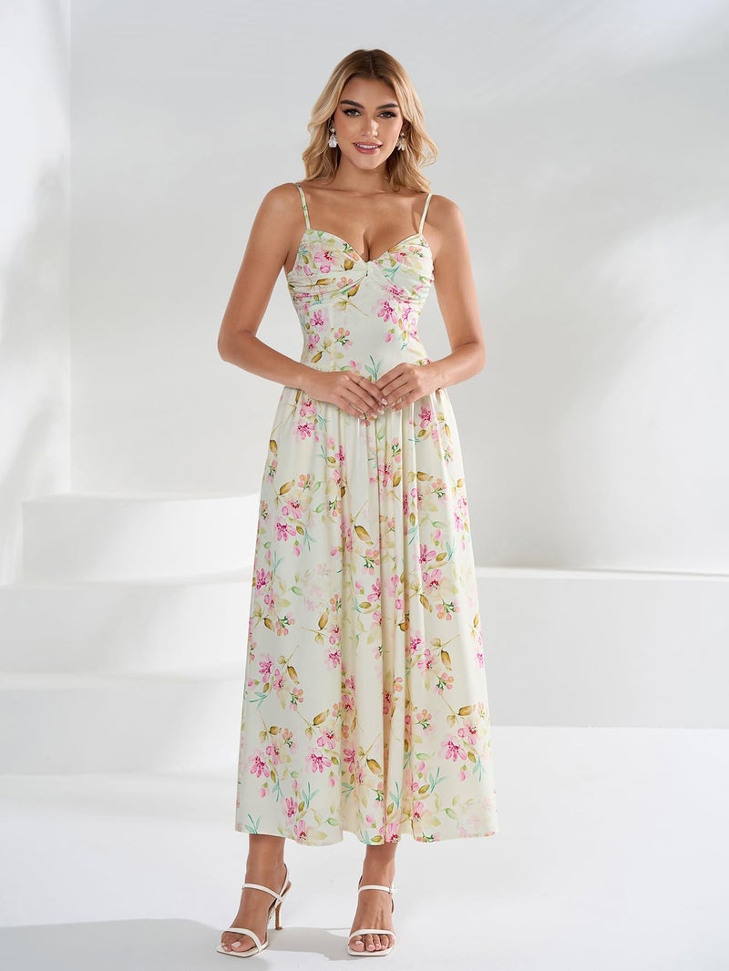 EYNMIN Women's Floral Midi Corset Dresses Flowy Spaghetti Strap Smocked 2026 Summer Spring Wedding Guest Dress with Pocket - Image 4