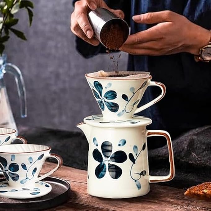 rayihni Elegant Blue Porcelain Coffee Dripper Set V60 Ceramic Filter Cup With Pot Perfect For Home  Camping  Includes Glass Server Paper Filters  Stand  Ideal Gift Kit For Manual Brewing - Image 3