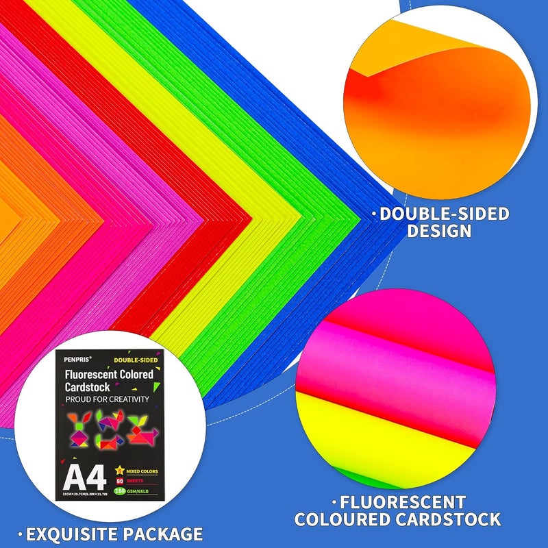 PENPRIS 80 Sheets Fluorescent Coloured Cardstock - 8 Colours Craft Construction Paper, A4 Size 65lb/180gsm Bright Colour Card Paper for Printers, Card Making, Invitations, Scrapbooking PAC07 - Image 3