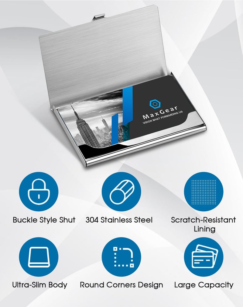 MaxGear Metal Business Card Holder for Men & Women, Professional Stainless Steel Card Case for Business Cards, Slim Purse Name Cards Holders with Interior Lining, Buckle Style Shut, Silver Mirror - Image 4