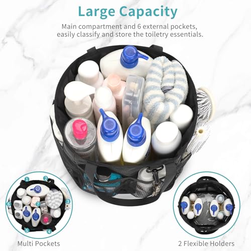 onemoky Mesh Shower Caddy Portable for College Dorm Room Essentials Shower Tote Bag with Hanging Hook and Drawstring Quick Dry Toiletry Bag with 6 Pockets for Bathroom Swimming Gym Camping Beach Travel - Image 3