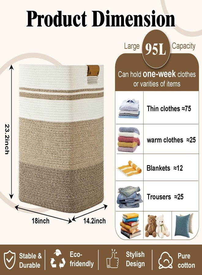 Degeyoyo Laundry Hamper, 95L Tall Laundry Basket with Leather Handles, Rectangle Large Clothes Hamper for Organizing, Cotton Woven Laundry Baskets Storage Hampers for Bedroom, Nursery, Living Room - Image 3