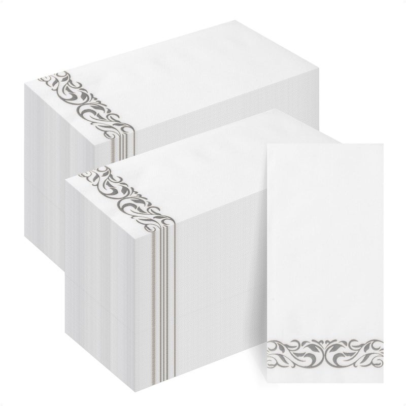 Goodluck 200-Pack Linen-Feel Disposable Guest Towels â€“ Soft and Absorbent Paper Hand Towels for Bathroom or Kitchen â€“ Elegant White Napkins with Silver Design for Parties, Weddings, Dinners Events - Image 1
