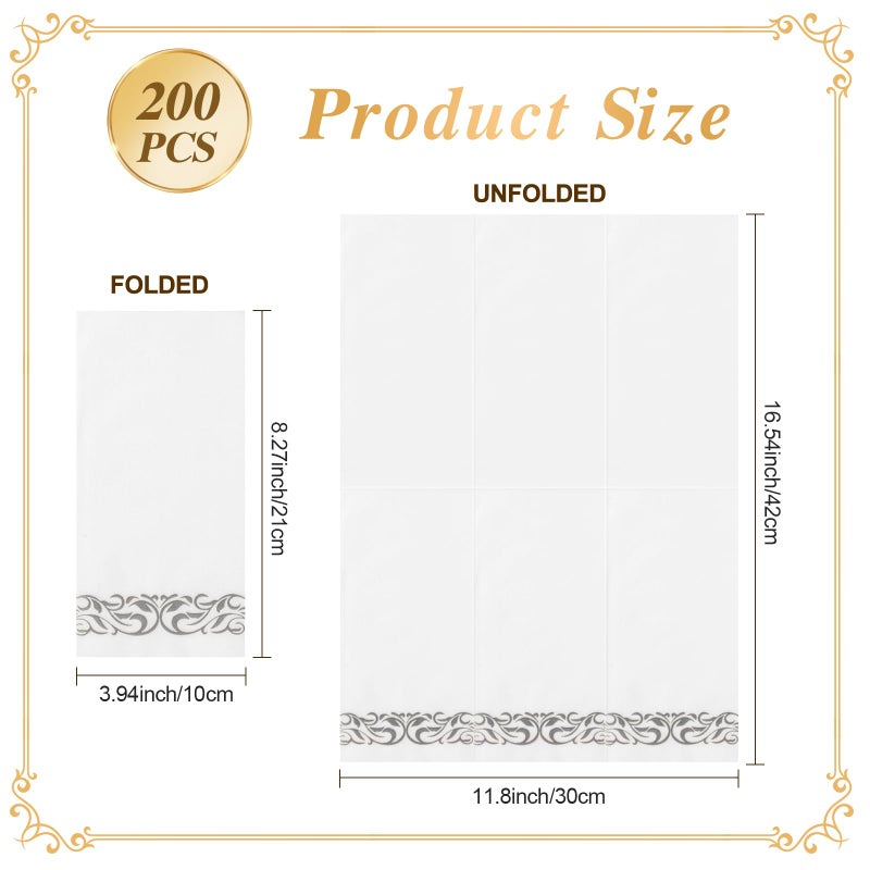Goodluck 200-Pack Linen-Feel Disposable Guest Towels â€“ Soft and Absorbent Paper Hand Towels for Bathroom or Kitchen â€“ Elegant White Napkins with Silver Design for Parties, Weddings, Dinners Events - Image 4