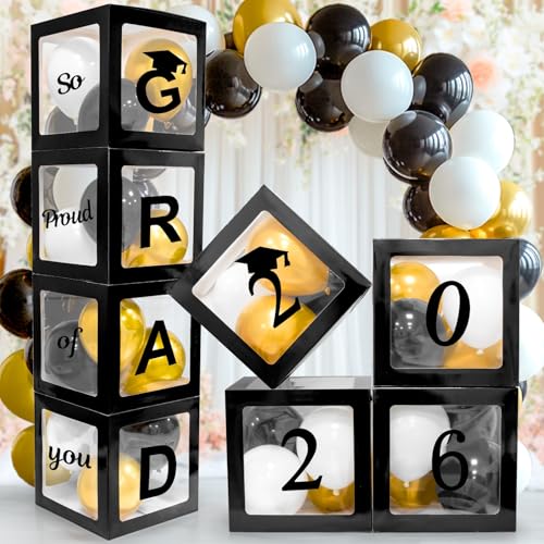 RAINFLOW Graduation Party Decorations 2026 Class of 2026 Black Balloon Boxes with Letters GRAD 2026 So Proud of You White Black and Gold Balloons for Elementary High School and College - Image 1