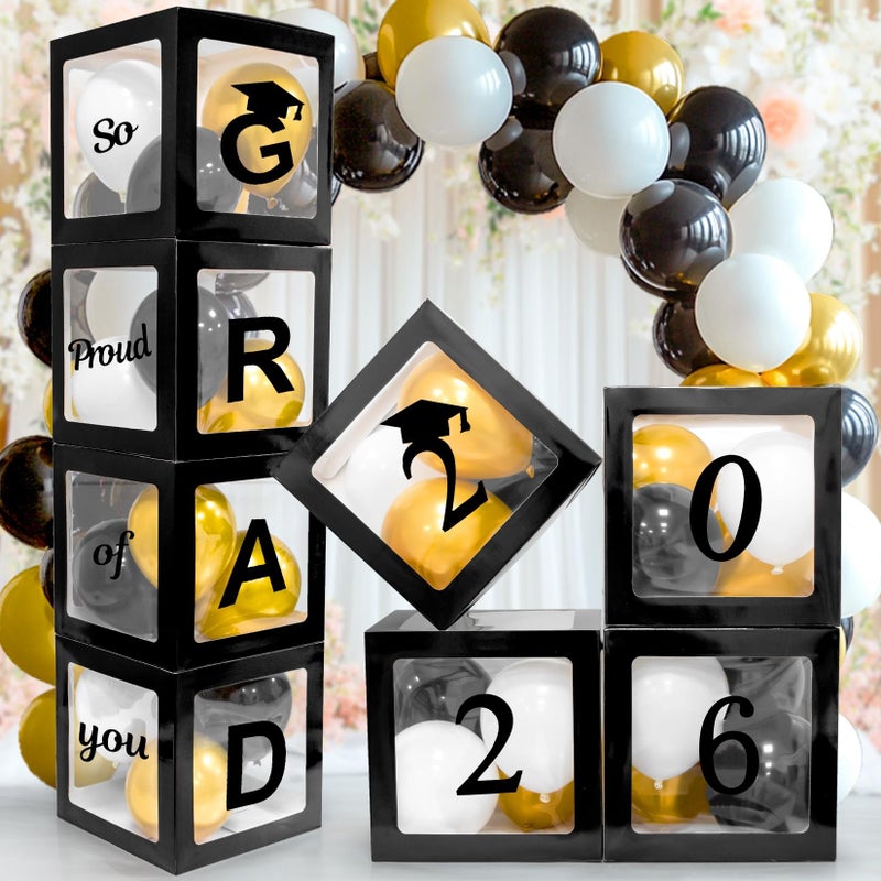 RAINFLOW Graduation Party Decorations 2026 Class of 2026 Black Balloon Boxes with Letters GRAD 2026 So Proud of You White Black and Gold Balloons for Elementary High School and College - Image 2