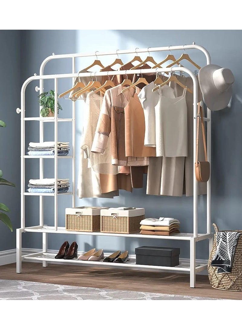 DubaiGallery Double Rods Portable Garment Rack for Hanging clothes, Metal Clothing Rack with Bottom Shelves and 4 Hooks,Freestanding Clothes Rack for Bedroom,Space Saving  - Image 1