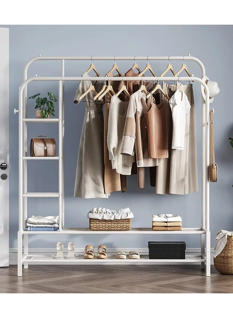 DubaiGallery Double Rods Portable Garment Rack for Hanging clothes, Metal Clothing Rack with Bottom Shelves and 4 Hooks,Freestanding Clothes Rack for Bedroom,Space Saving  - Image 2