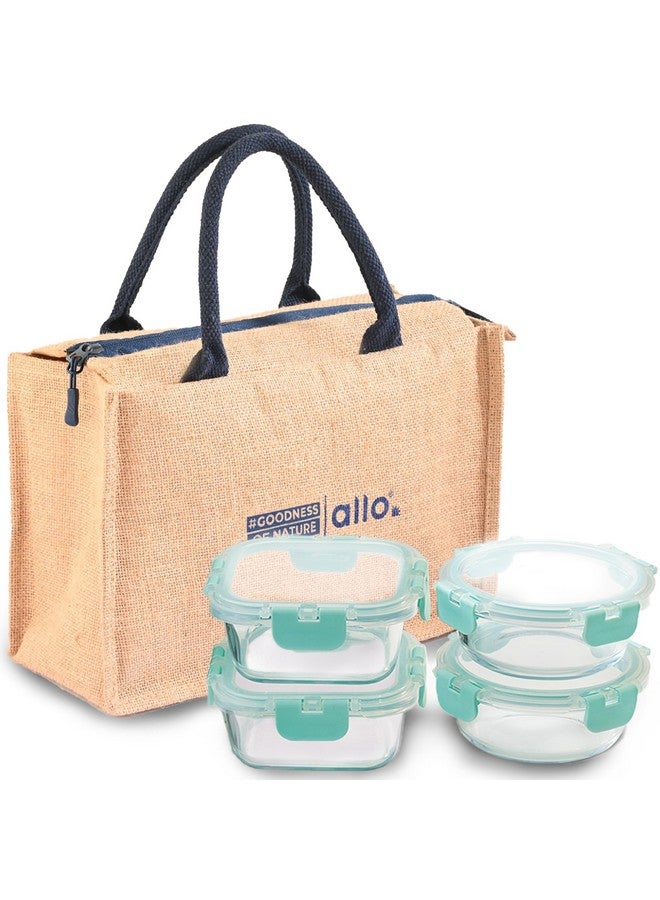 Allo علبة غداء زجاجية آمنة للطعام من ألو مع قفل قابل للفك، علبة غداء آمنة للاستخدام في الميكروويف من زجاج البورسليكات، علبة تيفين للمكتب مع حقيبة تيفين من الجوت، مجموعة من 4، 310 مل × 2 و 390 مل × 2، بيج - Image 1