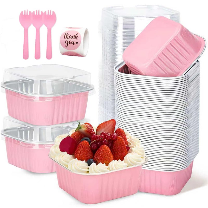 ylnurac 30Pack 5oz Pink Mini Cake Pans with Lids and Spoons Baking Cups Aluminum Foil Pans Tins, Individual Dessert Cups Containers for Sales,Party,Picnics - Image 1