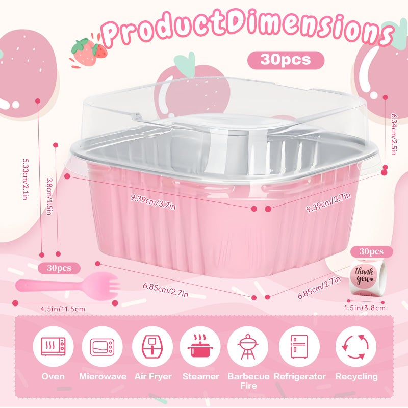 ylnurac 30Pack 5oz Pink Mini Cake Pans with Lids and Spoons Baking Cups Aluminum Foil Pans Tins, Individual Dessert Cups Containers for Sales,Party,Picnics - Image 3