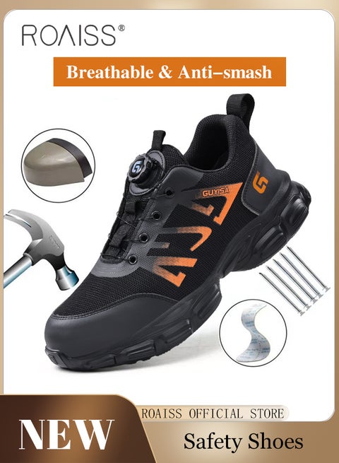 Men Steel Toe Safety Shoes with Convenient Rotating Buckle, Puncture Proof Work Shoes, Stylish Sneakers Breathable Running Shoes with Soft Sole Low Top Sports Shoes, Suitable for Construction, Industrial Sites, Manufacturing and Outdoor Activities Black