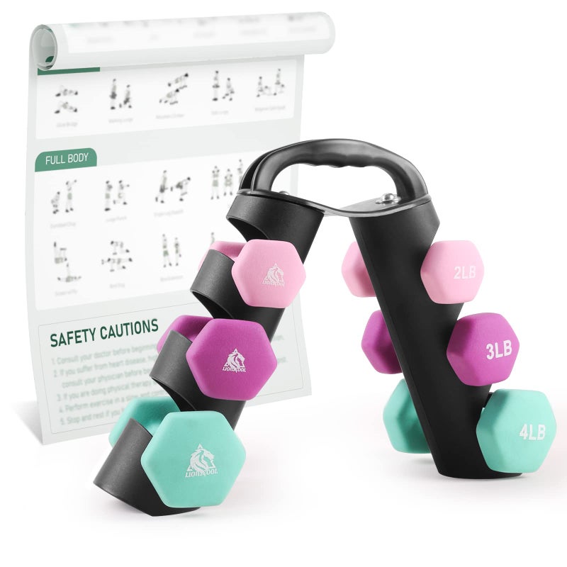 LIONSCOOL Get Fit 2LB 3LB 4LB Pair Neoprene Coated Dumbbell Set with Sturdy and Portable Rack All Purpose Premium Hex Dumbbell Set for Home Gym and Strength Training No Assembly Needed