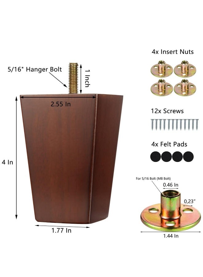 أرجل كنبة خشبية على طراز منتصف القرن - مجموعة 4 أرجل بديلة لمشاريع أثاث افعلها بنفسك، مثقوبة مسبقاً لتركيب سهل، مثالية للأرائك، والخزائن، والطاولات الجانبية وطاولات القهوة (4 بوصة، بني) - Image 5