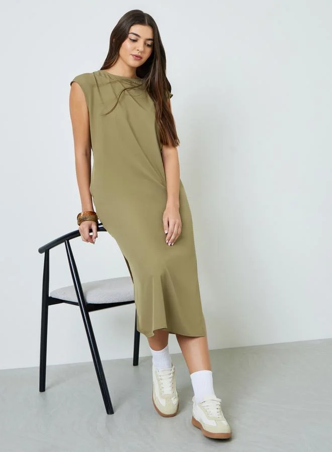 تايك تو Plus Size Khaki Side-Slit Sleeveless Midi Dress