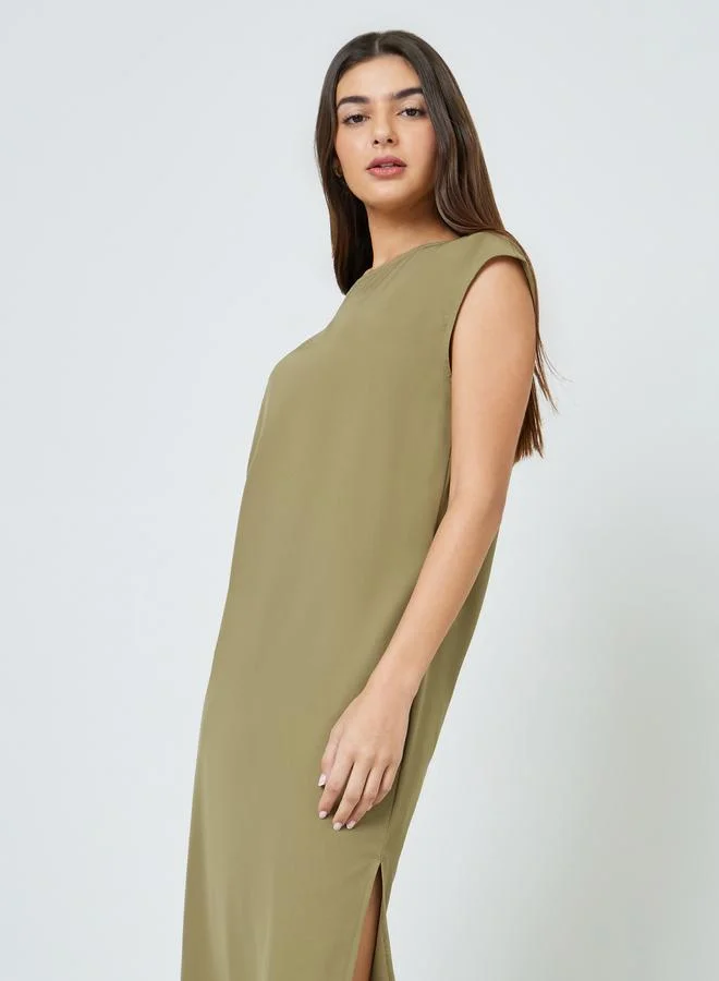 تايك تو Plus Size Khaki Side-Slit Sleeveless Midi Dress