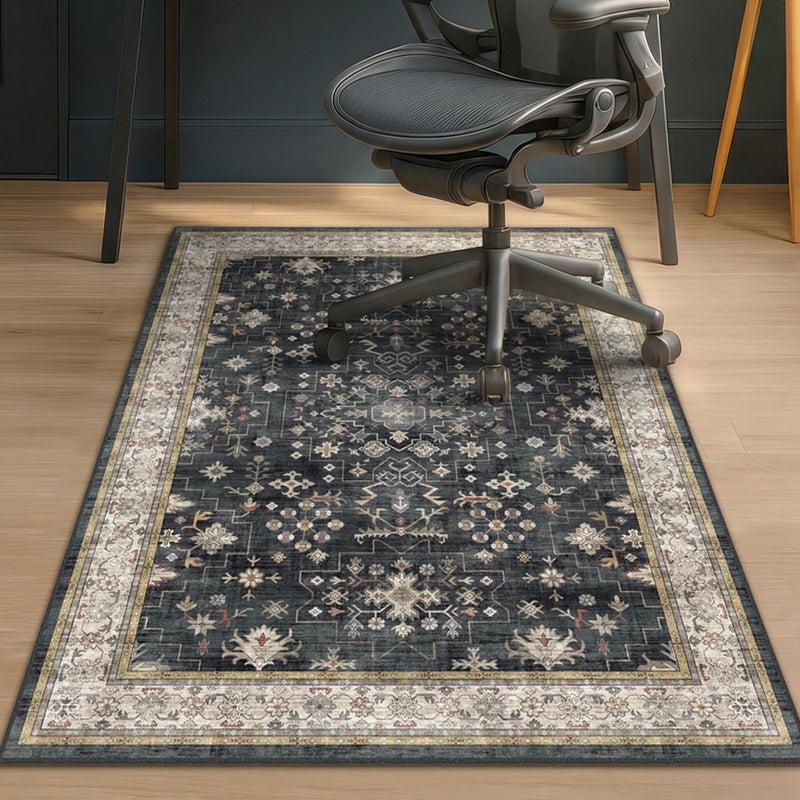 JTJ Black Office Chair Mat for Hardwood Floors, 36x48 Anti-Slip Under Desk Rug, Tile Floor Protector for Rolling Heavy Duty Office Chair, Easy to Clean, Ultra Soft Low Pile, Ashen Charcoal Floral Design - Image 1