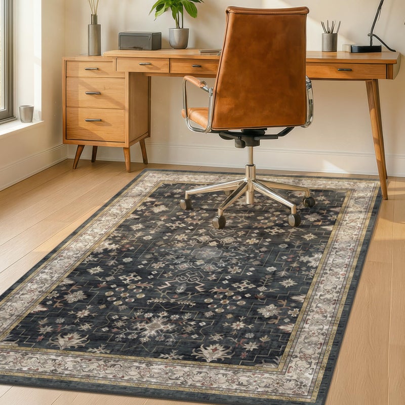 JTJ Black Office Chair Mat for Hardwood Floors, 36x48 Anti-Slip Under Desk Rug, Tile Floor Protector for Rolling Heavy Duty Office Chair, Easy to Clean, Ultra Soft Low Pile, Ashen Charcoal Floral Design - Image 3