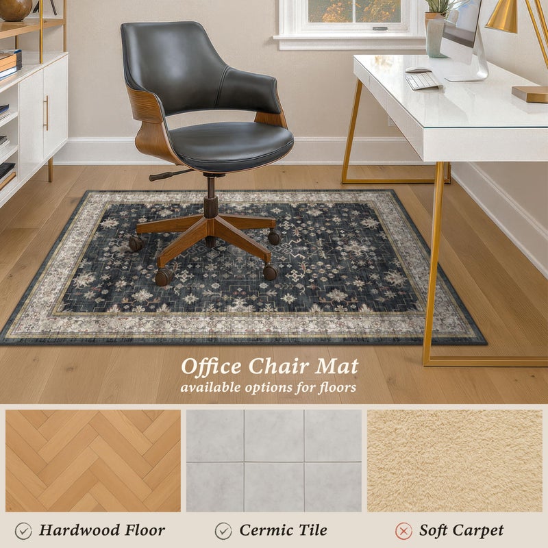 JTJ Black Office Chair Mat for Hardwood Floors, 36x48 Anti-Slip Under Desk Rug, Tile Floor Protector for Rolling Heavy Duty Office Chair, Easy to Clean, Ultra Soft Low Pile, Ashen Charcoal Floral Design - Image 5
